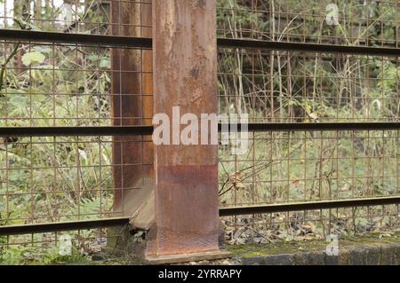 Nahaufnahme eines rostigen Metallbalkens, der einen Maschendrahtzaun stützt, mit bewachsener Vegetation im Hintergrund, die eine Szene des Verfalls und der Verlassenheit schafft Stockfoto