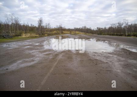 Reifenspuren führen zu einer großen Pfütze, die den bewölkten Himmel auf einem schlammigen Feld reflektiert Stockfoto