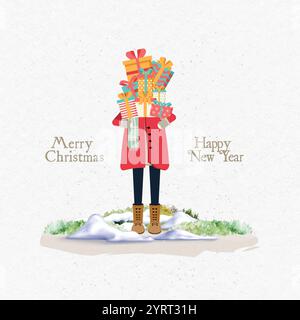 Festliche Weihnachtsfigur Mit Geschenken. Weihnachtsgrußkarten-Design Stock Vektor