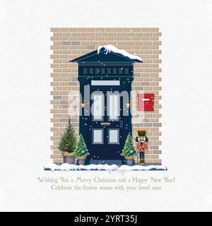 Neujahrskarte mit Illustration der Vordertür, die zu Weihnachten dekoriert ist Stock Vektor