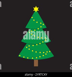 Geschmückter Weihnachtsbaum. Gelber Stern. Festliches grünes Symbol. Schwarzer Hintergrundvektor. Stock Vektor