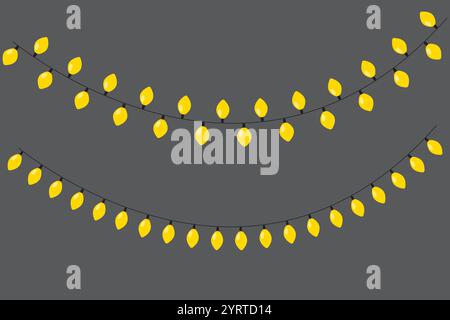 Gelbe Blumengirlande. Abbildung: Lichterketten. Dekoratives Urlaubselement. Dunkler Hintergrundvektor. Stock Vektor