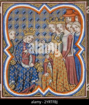 Karl der Böse, König von Navarra, begnadigt von Johannes dem Guten als Königinnen Blanche von Navarra und Jeanne von Evreux. Stockfoto