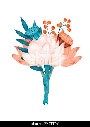 Eine atemberaubende und lebendige Blumenkunst-Illustration, die wunderschön komplexe Lotusblüten und farbenfrohe Beeren zeigt. Isoliertes Element mit Wasserfarbe auf weißem Hintergrund. Stockfoto