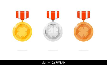 Hängende Medaillenabzeichen für Gaming Achievement mit vierblättrigem Kleeblatt-Symbol und rot gestreiftem Band. Gold-, Silber-, Bronze-Rangliste im Glücksthema. Leader-Bonus und das Symbol für den Gewinner Stock Vektor