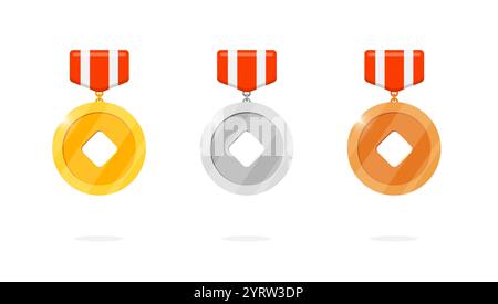 Hängende Medaillenabzeichen mit chinesischer Glücksmünze und rotem Streifenband. Gold-, Silber-, Bronze-Rangliste im asiatischen Glücksthema. Symbole für den Leader-Bonus und die Gewinner-Platzierung Stock Vektor