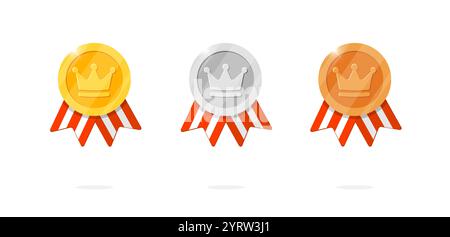 Medaillen-Set mit Kronensymbol und rot gestreiftem Band. Gewinner setzen Gold-, Silber-, Bronze- und Qualitätsmedaillons in königliche Themen. Bonus-Animationsabzeichen für Spielführer Stock Vektor
