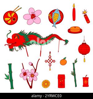 Icon-Kollektion Für Das Chinesische Neujahr. Traditionelle Symbole, Designelemente, flache, leuchtende Farben. Stock Vektor