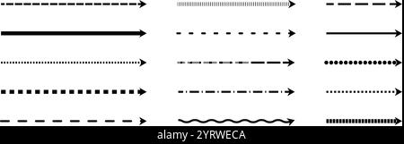 Gerader, dünner gestrichelter Pfeil. Schwarze Kollektion mit langen gepunkteten Pfeilen. Lineares Streifenelement-Bündel für Flyer, Poster, Broschüre, Broschüre, Banner. Skizzierte Zeiger oder Richtungslinien kritzeln. Vektor Stock Vektor