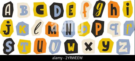 Schneide die Papierkollektion aus. Buntes Collage-Set mit verschiedenen Buchstaben. Niedliches Craft-Doodle-Schriftart-Element-Paket für Dekoration, Poster, Banner, Druck. Ransom Erpressung abc-Pack. Vektor Stock Vektor