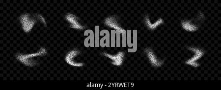 Spritzsammlung mit weißem Pulver. Schleifkornspray-Textur-Set. Gepunktete gebogene, verschmierte Bürstenflecken. Sandgeräusche, spritzverspritzt. Abstrakte, gestochene Gradientenformen für flüssige Körner. Vektor Stock Vektor