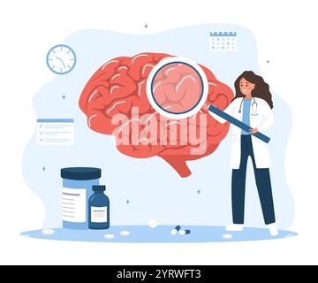 Neurologenkonzept. Frau in medizinischer Uniform mit Lupe analysiert innere Organe. Forschungswissenschaftler. Vektor-Illustration in flachem Cartoon Stock Vektor