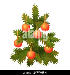 Isolierte Karikaturtanne oder Fichte mit Weihnachtskugeln dekoriert. Handgezeichneter grüner Nadelbaum für Winterfahne, Karte, Hintergrund Stockfoto