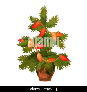 Kleine Nadel- oder Tanne, dekoriert mit Girlanden in braunem Topf. Isolierte Aquarellillustration des Weihnachtsbaums für Winterdrucke und -Designs Stockfoto