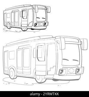 Zeichentrickfilm lustige Zeichentrickbus Malseite auf weißem Hintergrund Skizzenbuch Illustration für Kinder Stockfoto