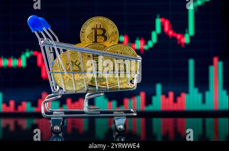 Investitionskonzept für Bitcoin und Kryptowährungen. Goldene Bitcoin-Kryptomünzen in einem Warenkorb vor einem Bitcoin-Chart Stockfoto