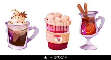 Warme Getränke im Herbst oder Winter im Glas und Becher - heiße Schokolade mit Schlagsahne und Streuseln, gewürzter Glühwein mit Zitrusscheiben und Zimtstangen, warme Koka mit Marshmallow Stock Vektor
