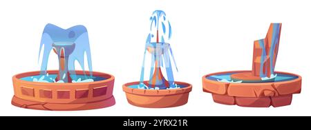 Springbrunnen auf weißem Hintergrund. Vektor-Karikaturillustration der Stadtlandschaft Design Elemente, rundes Steinbecken mit Wassersprengung, öffentliche Gartendekoration, Sommerpark Wahrzeichen Stock Vektor