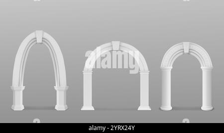 Klassische architektonische Bögen, die von Säulen in verschiedenen Designs unterstützt werden – spitz mit klaren Details, abgerundet mit minimalistischen Linien und kreisförmig mit dekorativen Elementen verziert. 3. Griechische Säule. Stock Vektor