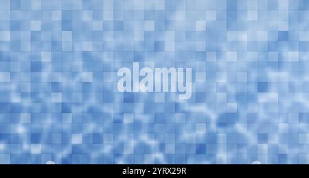 Blaues Mosaik mit quadratischen Fliesen in verschiedenen Farben und Wasserlichtreflexionen. Schlichtes Muster an der Wand oder am Boden des Swimmingpools. Badezimmer oder Küche mit Innenseite. Keramikblöcke für Innenräume. Stock Vektor