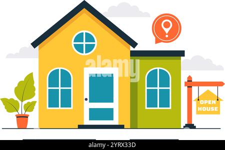 Open House Vector Illustration für Immobilieninspektion, Immobiliendienstleistungen und Begrüßung neuer Eigenheimbesitzer in einem flachen Cartoon Hintergrund Design Stock Vektor