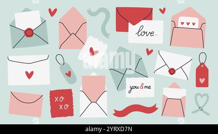 Set aus Valentinstag-Umschlägen. Romantische Briefumschläge zum Öffnen und Schließen mit Postkarten, Briefen, Herzen und Text. Illustration der Vektorabwicklung Stock Vektor