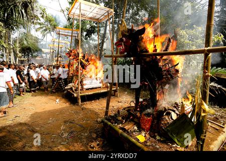 Bali, Indonesien - 5. August 2012: Eine traditionelle balinesische Einäscherungszeremonie in der Nähe von Ubud in Bali, Indonesien. Ngaben heißt es das Ritual, das ausgeführt wird Stockfoto