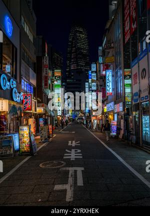 Neonbeleuchteter Blick auf Shinjuku in Japan mit Restaurants und Geschäften Stockfoto