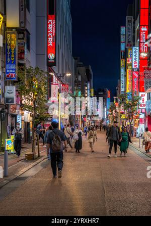 Neonbeleuchteter Blick auf Shinjuku in Japan mit Restaurants und Geschäften Stockfoto