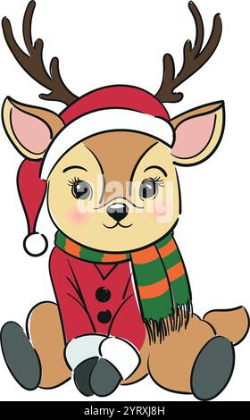 Rentierkind sitzt in weihnachtlichem rotem Hut mit grünem Schal. Vektorabbildung. Niedliche flache Illustration mit Umriss. Für Neujahrskarten Stock Vektor
