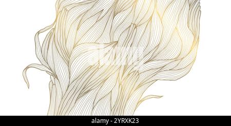 Vektor-Blattmuster, Luxusblumenmuster, japanische botanische Illustration, Linienwellenzeichnung. Pflanzenschmuck, Tapete, Federelement. Stock Vektor