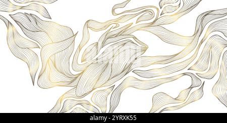 Vektor-Blattmuster, Luxusblumenmuster, japanische botanische Illustration, Linienwellenzeichnung. Pflanzenschmuck, Tapete, Federelement. Stock Vektor