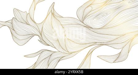Vektor-Blattmuster, Luxusblumenmuster, japanische botanische Illustration, Linienwellenzeichnung. Pflanzenschmuck, Tapete, Federelement. Stock Vektor