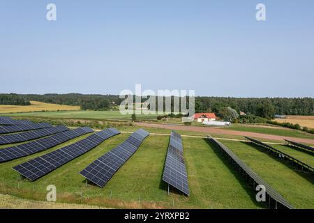 Ein großer Solarpark auf einem grasbewachsenen Hügel. Stockfoto