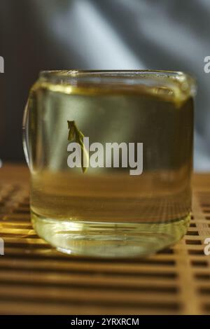 Ein unverwechselbarer Fisch, der anmutig in einem transparenten Glasgefäß mit Wasser schwimmt Stockfoto