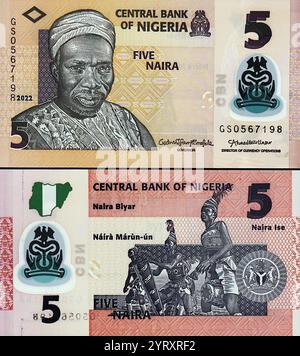 Fünf Naira-Banknoten, die Sir Abubakar Tafawa Balewa (1912 ? 1966) nigerianischer Politiker, der nach der Unabhängigkeit der erste und einzige Premierminister Nigerias war. Er war ein konservativer Anglophiler und sprach sich dafür aus, enge Beziehungen zu den Briten zu pflegen. Während seiner ersten Amtszeit als Premierminister war Nigeria eine konstitutionelle Monarchie, wobei Elisabeth II. Als Königin von Nigeria regierte, bis Nigeria 1963 zur republik wurde Stockfoto