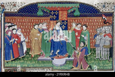 Heinrich VI. Thronte; Detail einer Miniatur aus BL Royal MS 15 E VI, f. 405r (das „Talbot Shrewsbury Book“). Sie wird von der British Library aufbewahrt und digitalisiert. Die Hauptfigur ganz links, die einen Stab mit einer Handtasche (mit dem Großen Siegel) an der Taille hält, scheint der Lordkanzler zu sein, wobei diese Gegenstände die Symbole seines Amtes sind. Möglicherweise John Stafford (gestorben am 25. Mai 1452) Lord Chancellor (1432 1450) und Erzbischof von Canterbury (1443 1452). Stockfoto