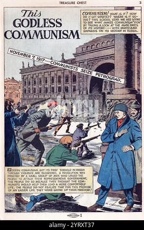 Cartoon-Darstellung der Russischen Revolution im Jahr 1917, als Demonstranten den Winterpalast stürmen und Lenin die Macht nimmt. „This Godless Communism“ war ein US-amerikanischer Propaganda-Comicfilm, der in Treasure Chest erschien, einem zweiwöchentlichen Comicbuch, das nur abonnierte und von 1946 bis 1972 in Pfarrschulen verbrachte. Stockfoto