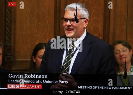 Gavin James Robinson (* 22. November 1984 in Nordirien) ist ein nordirischer unionistischer Politiker und Barrister, der seit März 2024 als Vorsitzender der Democratic Unionist Party (DUP) fungiert und von Juni 2023 bis Mai 2024 stellvertretender DUP-Führer war. Seit den Parlamentswahlen 2015 ist er Abgeordneter für Belfast East im britischen Unterhaus. Stockfoto