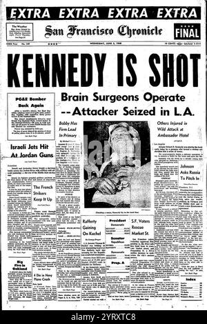 Die Titelseite der US-Zeitung berichtet über die Ermordung des Präsidentschaftskandidaten der Demokratischen Partei Robert Kennedy. 1968 Stockfoto