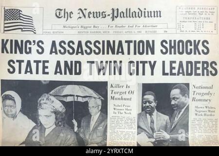 Presseberichterstattung über die Ermordung von Martin Luther King Jr. (1929 ? 1968) amerikanischer Baptist-Minister, Aktivist und politischer Philosoph, der von 1955 bis zu seinem Mord 1968 einer der prominentesten Führer der Bürgerrechtsbewegung war. Stockfoto