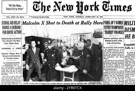 Presseberichterstattung über die Ermordung von Malcolm X, geborener Malcolm Little. (1925 ? 21. Februar 1965) ein afroamerikanischer Revolutionär, muslimischer Minister und Menschenrechtsaktivist, der während der Bürgerrechtsbewegung bis zu seiner Ermordung 1965 eine prominente Persönlichkeit war. Bis 1964 war er Sprecher der Nation of Islam (NOI) und ein lautstarker Befürworter der Black Empowerment und der Förderung des Islam innerhalb der afroamerikanischen Gemeinschaft. Stockfoto