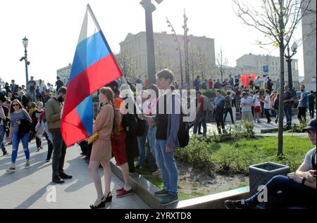 Protest in Moskau, die Aktion "Er ist nicht unser Zar" wurde 2018 abgehalten. Alexej Nawalny (1976 ? 16. Februar 2024) war ein russischer Oppositionsführer, Anti-Korruptions-Aktivist und politischer Gefangener. Nawalny und sein Team veröffentlichten Material über Korruption in Russland, organisierten politische Demonstrationen und förderten seine Kampagnen. Im Januar 2021 kehrte Nawalny nach Russland zurück. Im März 2022 wurde Nawalny zu weiteren neun Jahren Gefängnis verurteilt. Im Dezember 2023 verschwand Nawalny fast drei Wochen lang aus dem Gefängnis. Er tauchte in einer Korruptionskolonie des Polarkreises auf. Im Jahr 2024 wurde das russische Gefängnis gegründet Stockfoto