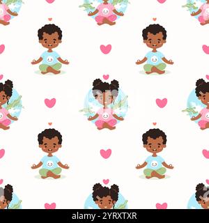 Yoga-Kinder mit nahtlosem Muster. Niedliches afro-amerikanisches Mädchen und Junge, das meditiert, sitzend in Lotusposition auf weißem Hintergrund mit rosa Herzen. Hobby, Sport, Heilung Stock Vektor