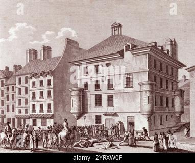 Die September-Massaker waren eine Serie von Morden und Hinrichtungen von Gefangenen in Paris. Die Morde ereigneten sich 1792 vom Sonntag, 2. September bis Donnerstag, 6. September. Bis zu 1.614 Menschen wurden von Sans Culottes und Wachmännern getötet, unterstützt vom Überwachungskomitee der Kommune und den revolutionären Sektionen von Paris Stockfoto