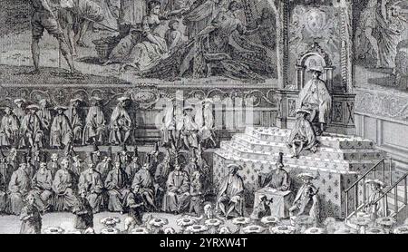 Am 6. August 1787 in Versailles von König Ludwig XVI. (1754–1793). Stich von Abraham Girarde. Unter dem Ancien R?gime, dem lit de Justice, fand eine Sitzung des Parlement von Paris unter dem Vorsitz des Königs statt, um königliche Erlasse zu registrieren und seine Souveränität durchzusetzen Stockfoto