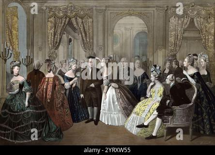 Die französische Unterstützung wurde von den Gründungsführern der Vereinigten Staaten während des Unabhängigkeitskrieges dankbar empfangen. Benjamin Franklins Empfang am französischen Hof, 1778. Zu den Mitgliedern des französischen Hofes gehören Marie-Antoinette (sitzend), Ludwig XVI Stockfoto