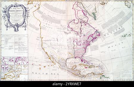 Karte von Nordamerika nach dem Vertrag von Paris, 1763. Nach dem Sieg Großbritanniens und Preußens über Frankreich und Spanien im Siebenjährigen Krieg wurde der Vertrag von Großbritannien, Frankreich und Spanien unterzeichnet. Die Unterzeichnung des vertrages beendete den Konflikt zwischen Frankreich und Großbritannien um die Kontrolle über Nordamerika (der Siebenjährige Krieg, in den Vereinigten Staaten als Französisch-Indianer-Krieg bekannt und markierte den Beginn einer Ära britischer Vorherrschaft außerhalb Europas. Stockfoto