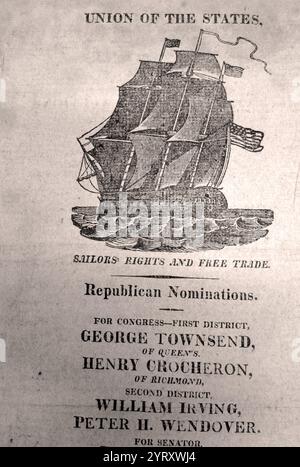 1814, Zeitung mit Anzeige für die Early Democrat Party in den USA Stockfoto