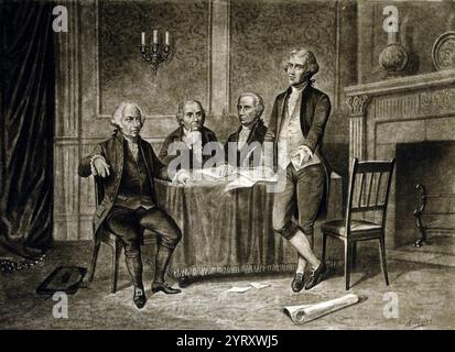 John Adams, Gouverneur Morris, Alexander Hamilton und Thomas Jefferson am Tisch Stockfoto